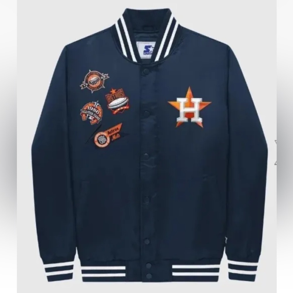 Starter Navy Houston Astros Satin Full-Snap Varsity Jacket Mens Size XL New